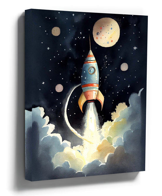 Space Dream Rocket Ship Canvas Wall Art – lifestyle kids’ room view