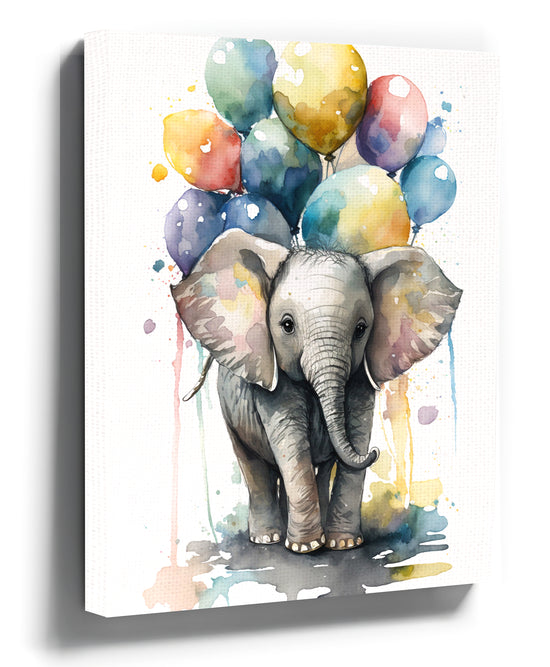 Watercolor baby elephant holding colorful balloons nursery wall art