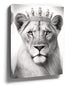 Crowned lioness canvas print wall art, royal elegance, shown in a room setting
