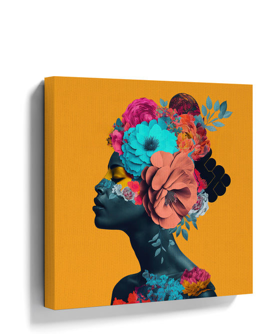 Boho wall art: female portrait with colorful flowers on a bright yellow background for living room decor