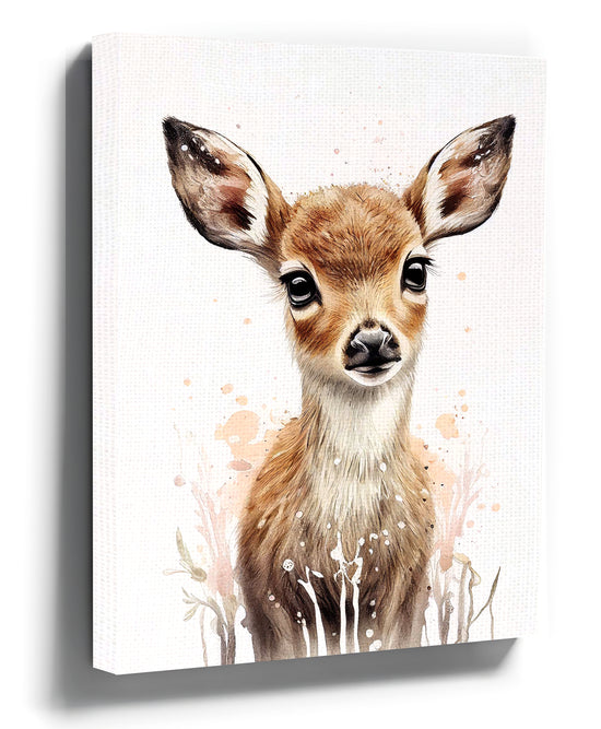 Woodland fawn nursery wall art styled in a girl's room, soft calming decor