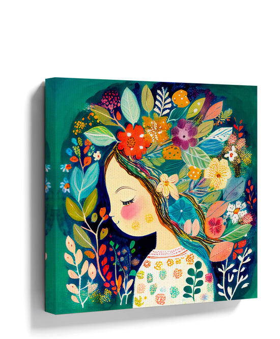 Colorful canvas print illustration of a little girl in profile with flowers in her hair