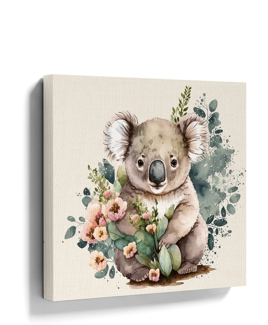 Minimalist koala nursery wall art with floral bouquet