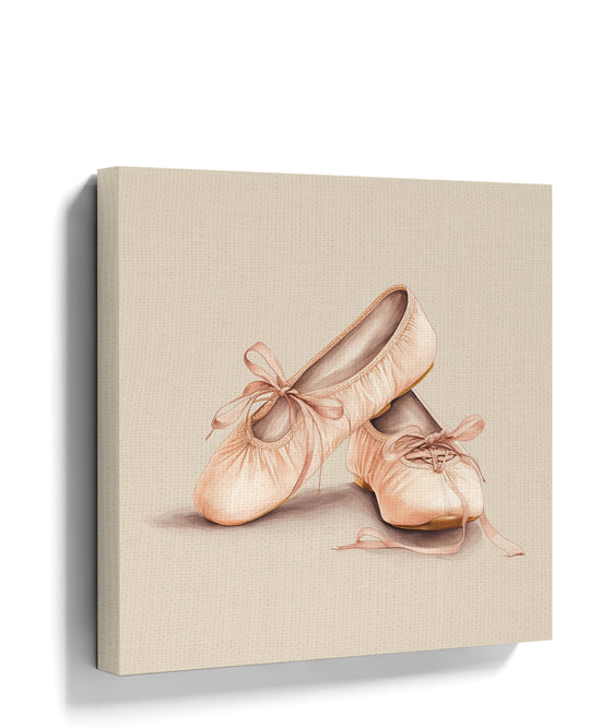 Blush pink ballet shoes canvas wall art for minimalist kids' room or nursery