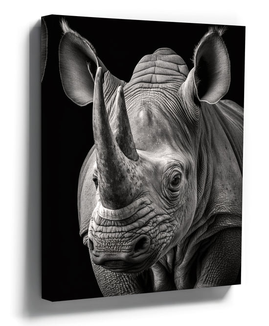 Black and white rhinoceros (rhino) wall art print for a modern living room - monochrome wildlife photography