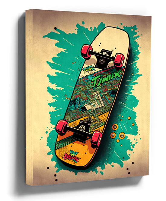 Y2K skateboard canvas wall art, turquoise and yellow pop art illustration