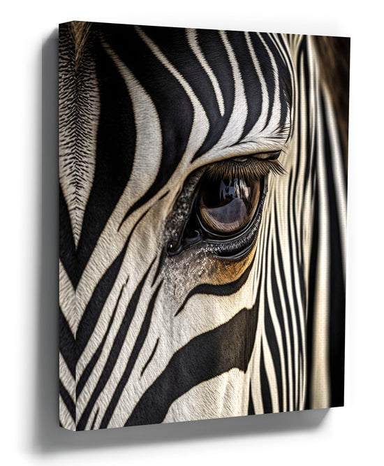 Black-and-white zebra eye close-up wall art photo