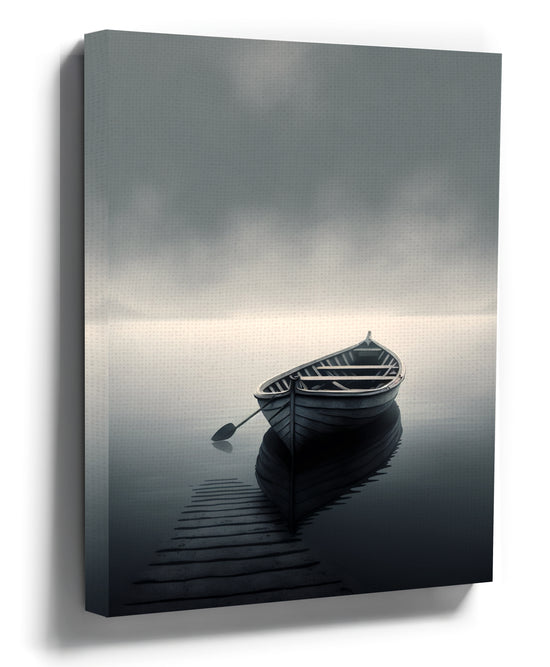 Boat in the mist canvas wall art for a minimalist bedroom