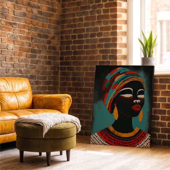 African woman with headwrap portrait wall art for industrial living room decor