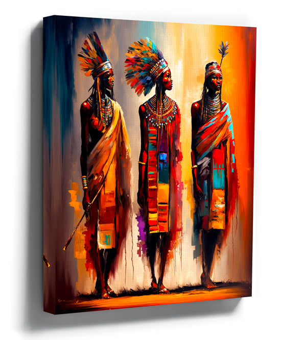 Oil painting on canvas of three Maasai women wearing colorful beaded jewelry, vibrant African art