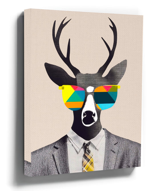 Pop art deer wall art with colorful glasses — modern living room decor