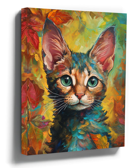 Whimsical autumn kitten oil painting in vibrant colors, colorful cat wall art