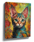 Whimsical autumn kitten oil painting in vibrant colors, colorful cat wall art