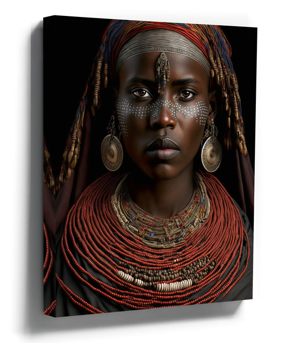 African woman portrait canvas wall art with traditional jewelry for living room decor
