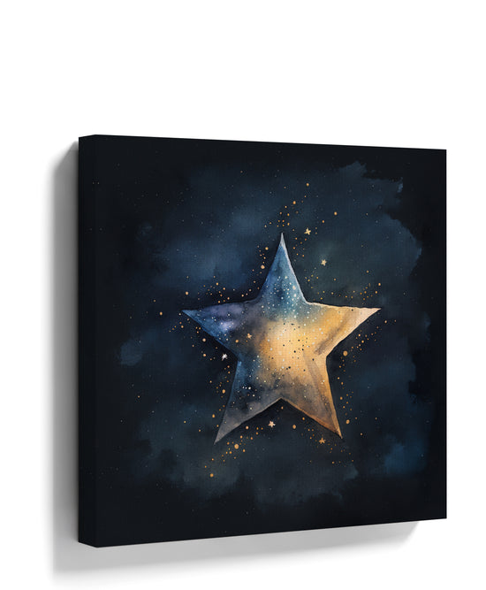 Blue and gold star watercolor wall art print, night sky with gold accents