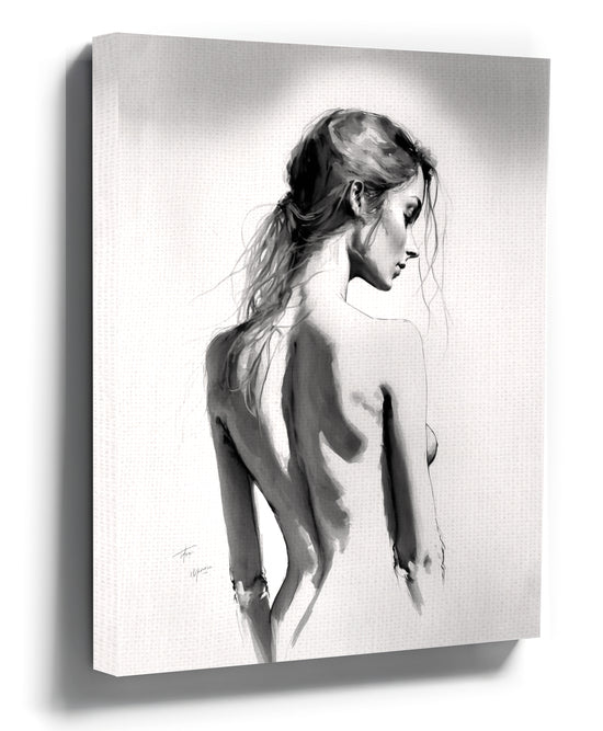 Minimalist black-and-white pencil sketch of a woman from behind — elegant wall art for a modern adult bedroom