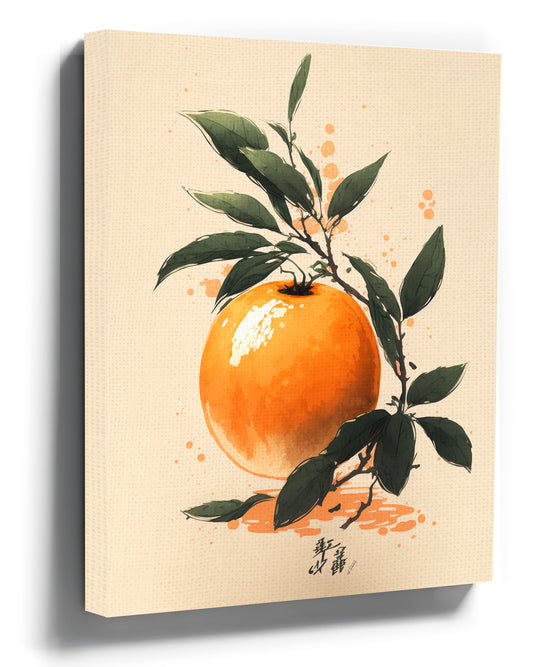 Minimalist ink wash painting of an orange with leaves – orange fruit wall art print