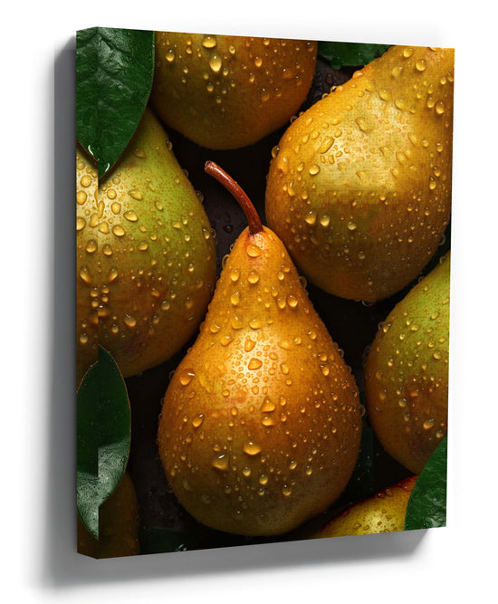 Juicy pear with water droplets — fruit wall art for kitchen decor