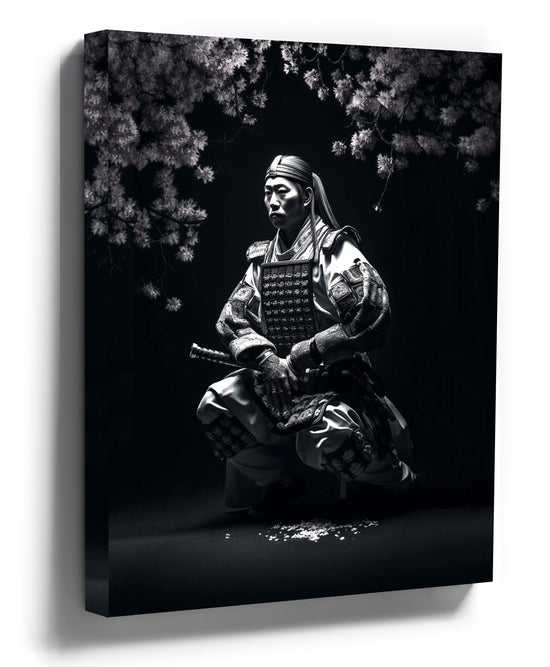 Black and white samurai in armor beneath a cherry blossom tree – canvas wall art print