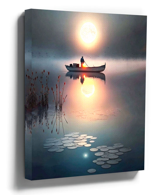 Boat on a misty lake under a full moon canvas wall art for minimalist living room decor