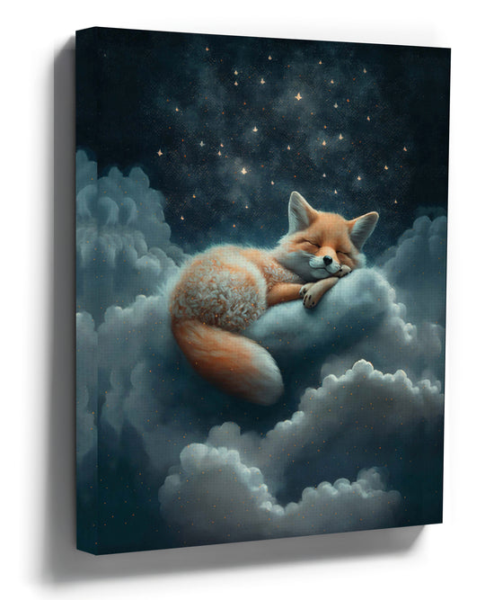 Sleeping fox on a cloud under a starry night sky in deep midnight blue tones, nursery wall art