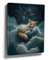 Sleeping fox on a cloud under a starry night sky in deep midnight blue tones, nursery wall art