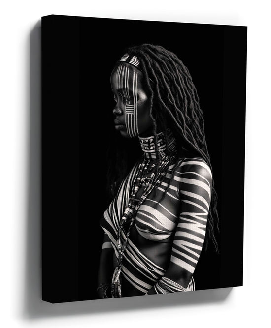 Expressive black-and-white portrait painting of an African woman with tribal face paint