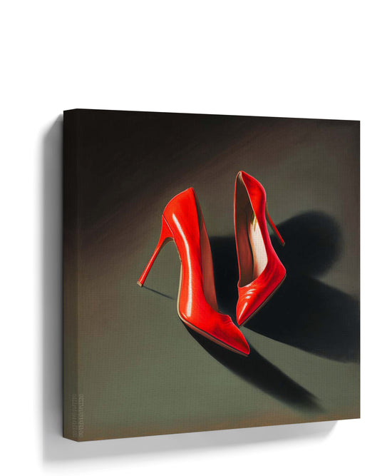 Realistic painting of a pair of red stiletto high heels – canvas wall art