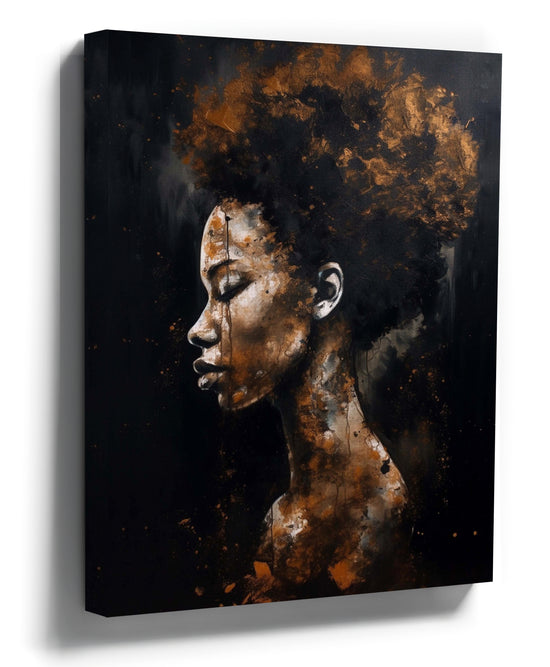 Black and copper portrait painting of an Afro‑haired Black woman in profile, African wall art
