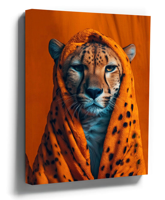 Cheetah canvas wall art, draped in a spotted throw blanket on a bold orange background, living room decor