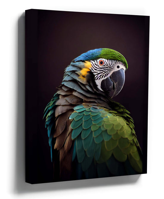 Blue and green parrot canvas wall art for a modern living room