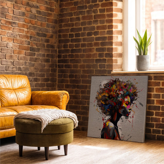 Tableau portrait femme afro multicolore pour salon industriel
