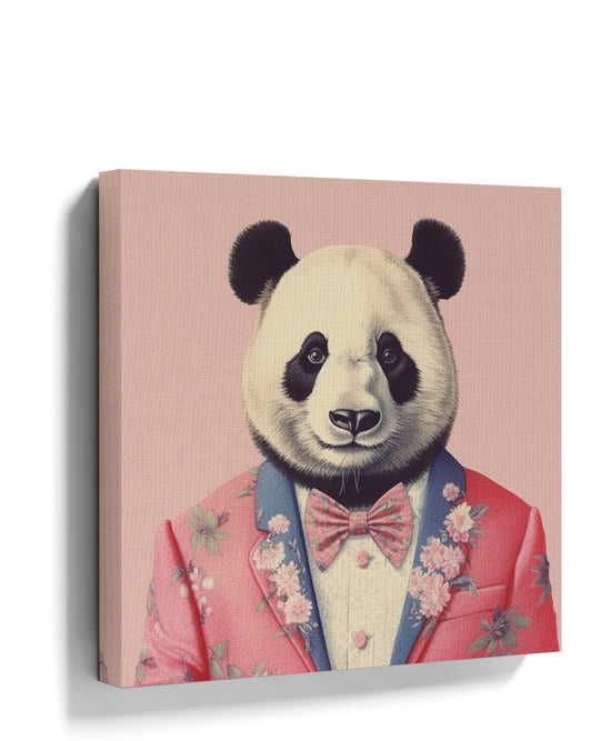 Panda in a floral suit – pink-toned canvas illustration wall art