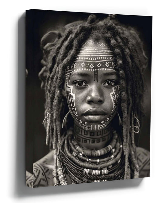 Black and white child portrait wall art with geometric face paint