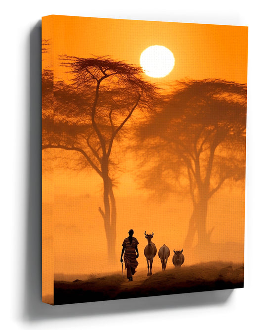 African herdsman and cattle under acacia trees in warm orange tones – African sunset wall art
