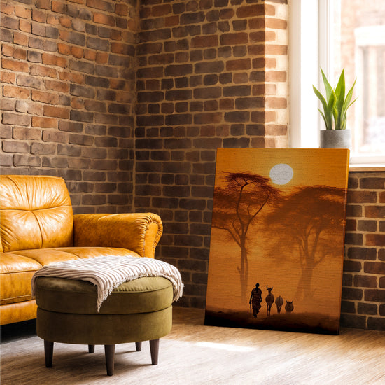 Tableau coucher de soleil africain acacias troupeau pour salon industriel
