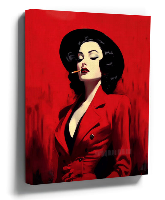 Retro pin-up wall art featuring a glamorous woman with a cigarette, perfect for minimalist living room decor