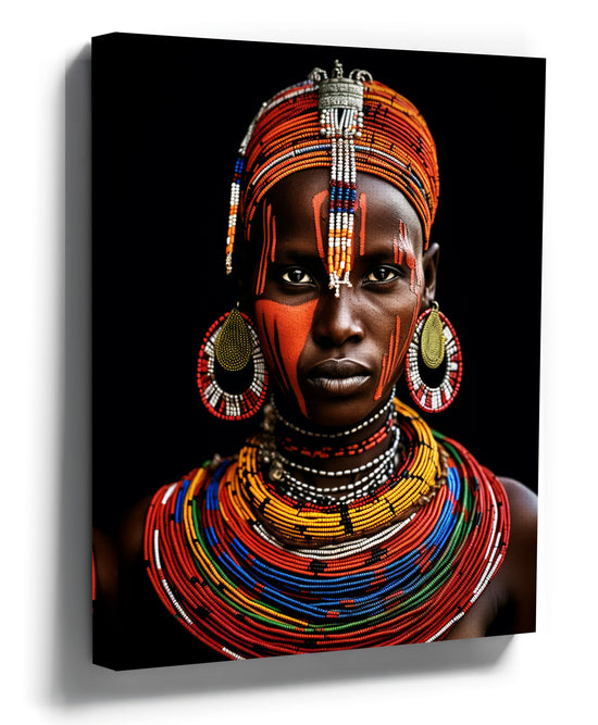 Maasai woman portrait photo print with beaded necklaces, color photography wall art