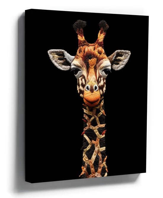 Front-facing embroidered giraffe portrait wall art on a black background