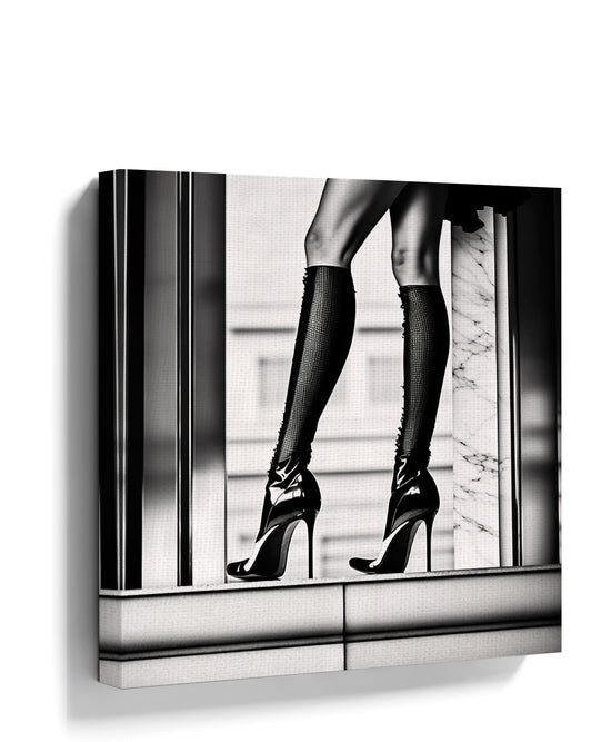 Black and white stiletto heels legs canvas wall art