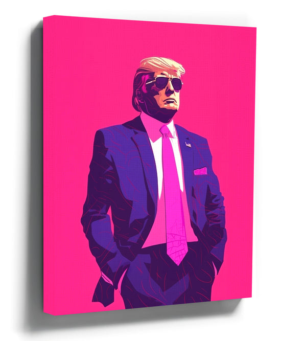 Pop art portrait of a man in a suit and glasses on a hot pink background, modern canvas wall art