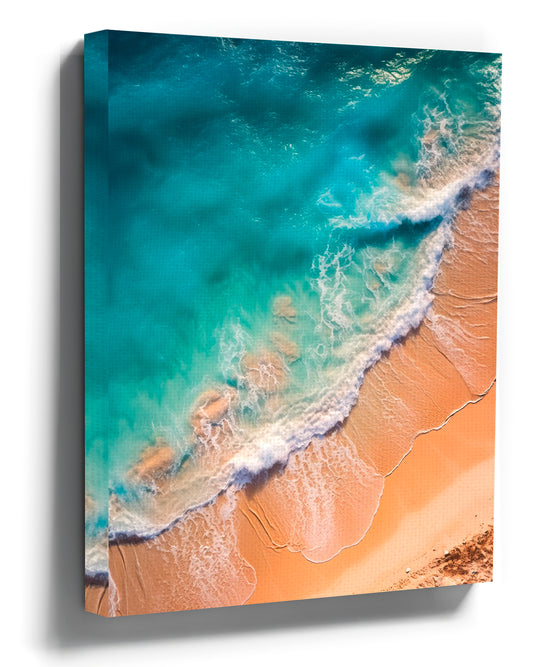 Aerial view of turquoise ocean waves on a golden sandy beach – coastal canvas wall art print