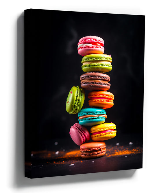 Colorful stacked macarons on black background canvas print wall art
