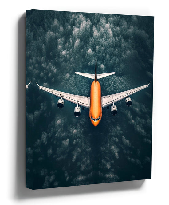 Orange airplane above the clouds, aerial aviation photography wall art canvas