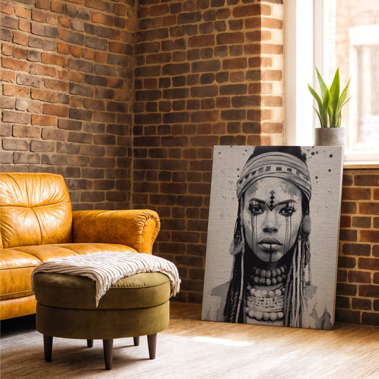 Tableau femme africaine noir et blanc pour salon loft industriel