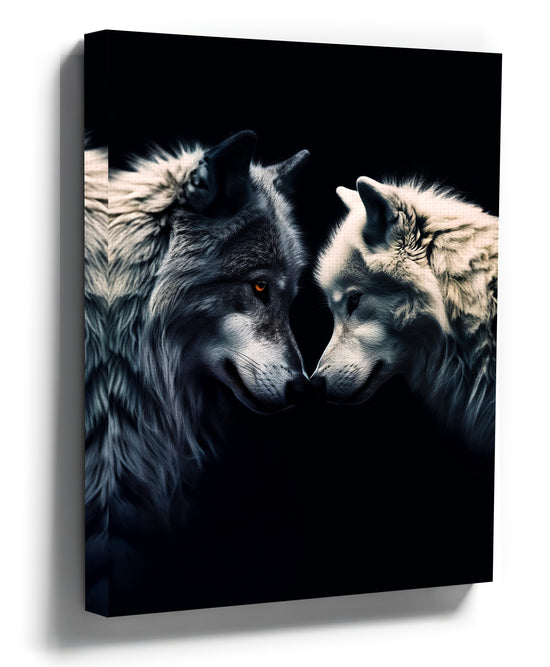Black Wolves Canvas Print – Dance of United Souls – modern wolf wall art shown in a room setting