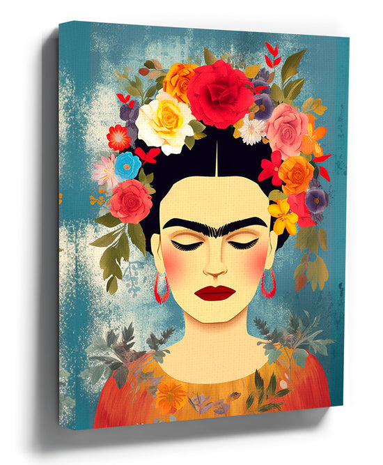 Frida Kahlo portrait with flower crown, vibrant pop art canvas wall art