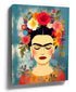 Frida Kahlo portrait with flower crown, vibrant pop art canvas wall art