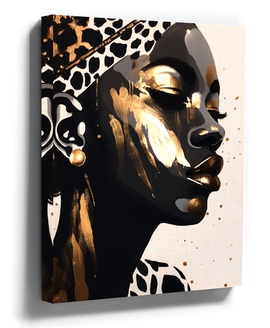 Toile moderne Femme africaine or et ébène, regard fier - tableau décoratif mural en situation