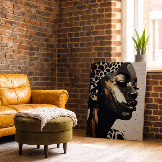 Black and gold female portrait canvas for industrial living room decor